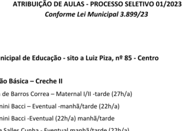 ATRIBUIÇÃO DE AULAS - PROCESSO SELETIVO 01/2023
